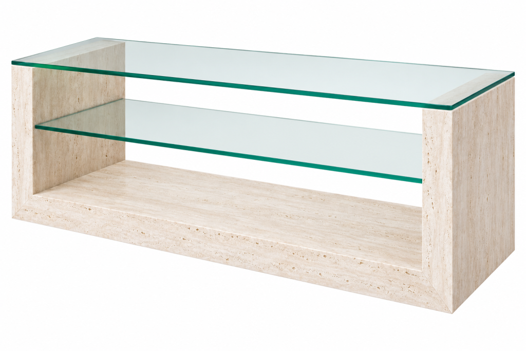 MESA TELEVISIÓN MÁRMOL TRAVERTINO DOBLE CRISTAL