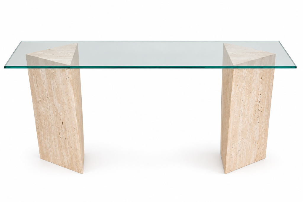 Mesa consola de cristal y mármol travertino midcentury