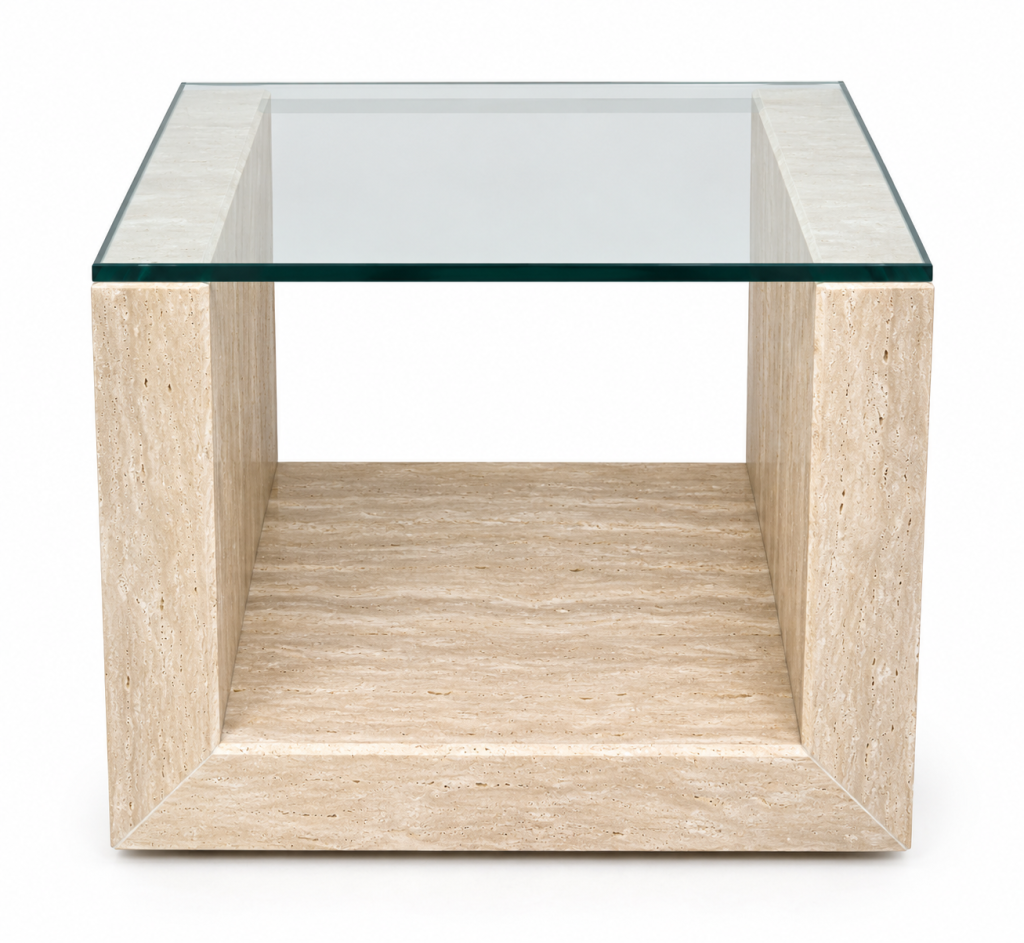 Mesa cúbica de travertino con cristal