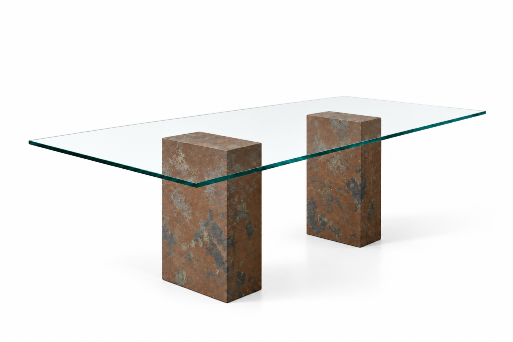 Mesa de Vidrio y Pedestales de Piedra Pizarra Óxido