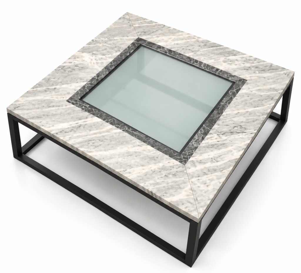 Mesa de café de mármol y vidrio esmerilado marquetería mármol gris