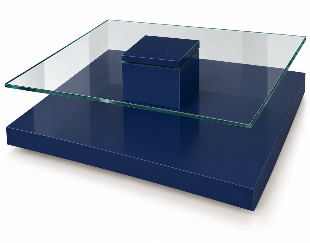 Mesa de centro azul marino con cristal flotante silestone