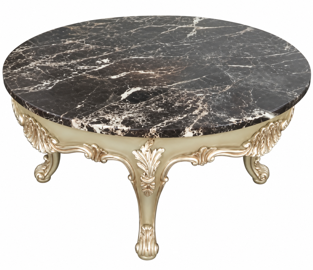 Mesa de centro barroca con mármol oscuro