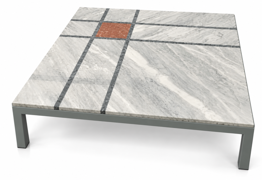 Mesa de centro de mármol geométrico mesa café marquetería mámrol gris y rojo