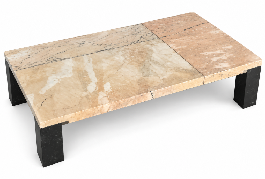 Mesa de centro de mármol y patas oscuras marquetería mármol rosa