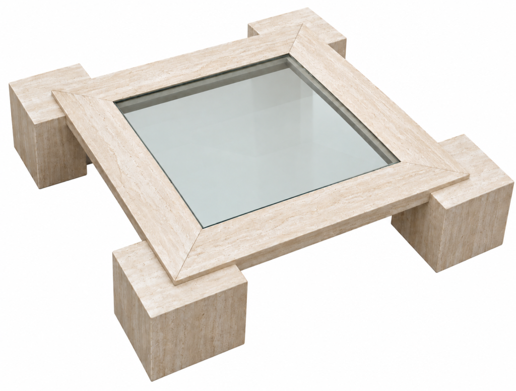 Mesa de centro de travertino y cristal midcentury