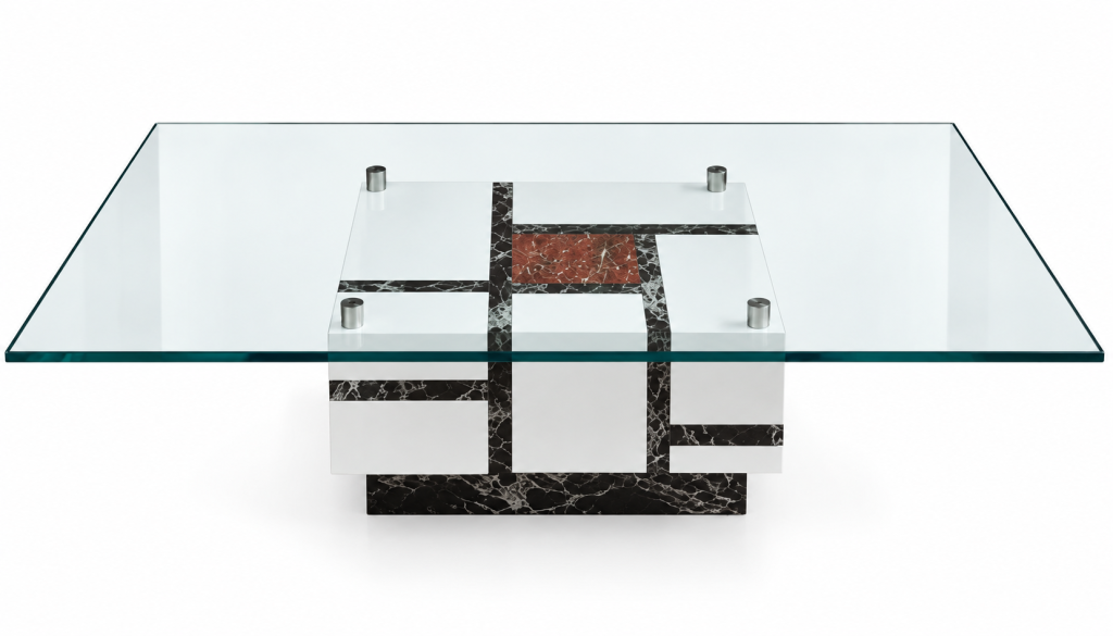 Mesa de centro geométrica con cristal y mármol