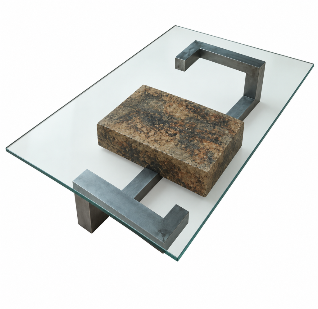 Mesa de centro industrial con vidrio y piedra pieza única diseño Joaquín Moll