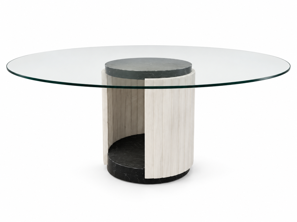Mesa de comedor de cristal y mármol blanco