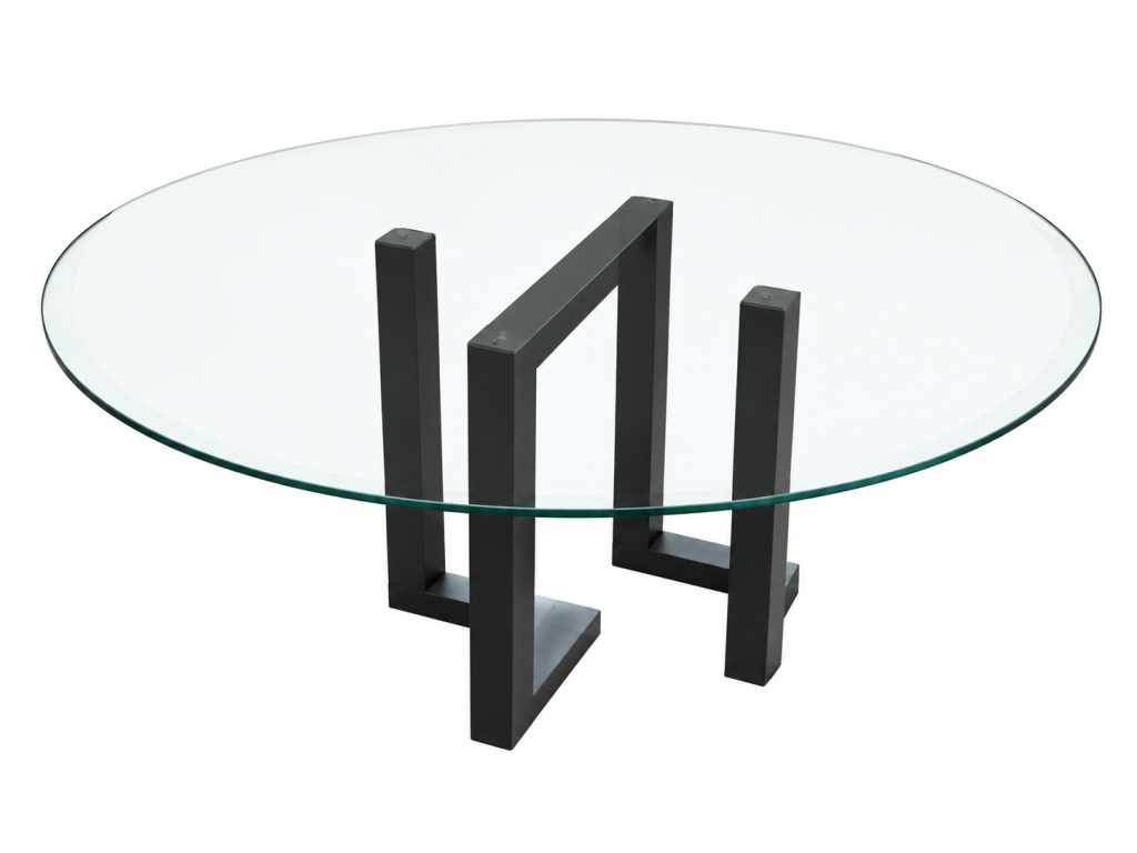 Mesa de comedor de vidrio y base geométrica en pizarra negra
