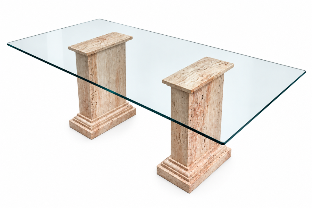 mesa comedor columnas mármol travertino Jara y cristal
