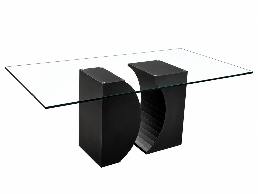 Mesa de comedor de cristal y dos pedestales de pizarra negra diseño modenro en piedra natural