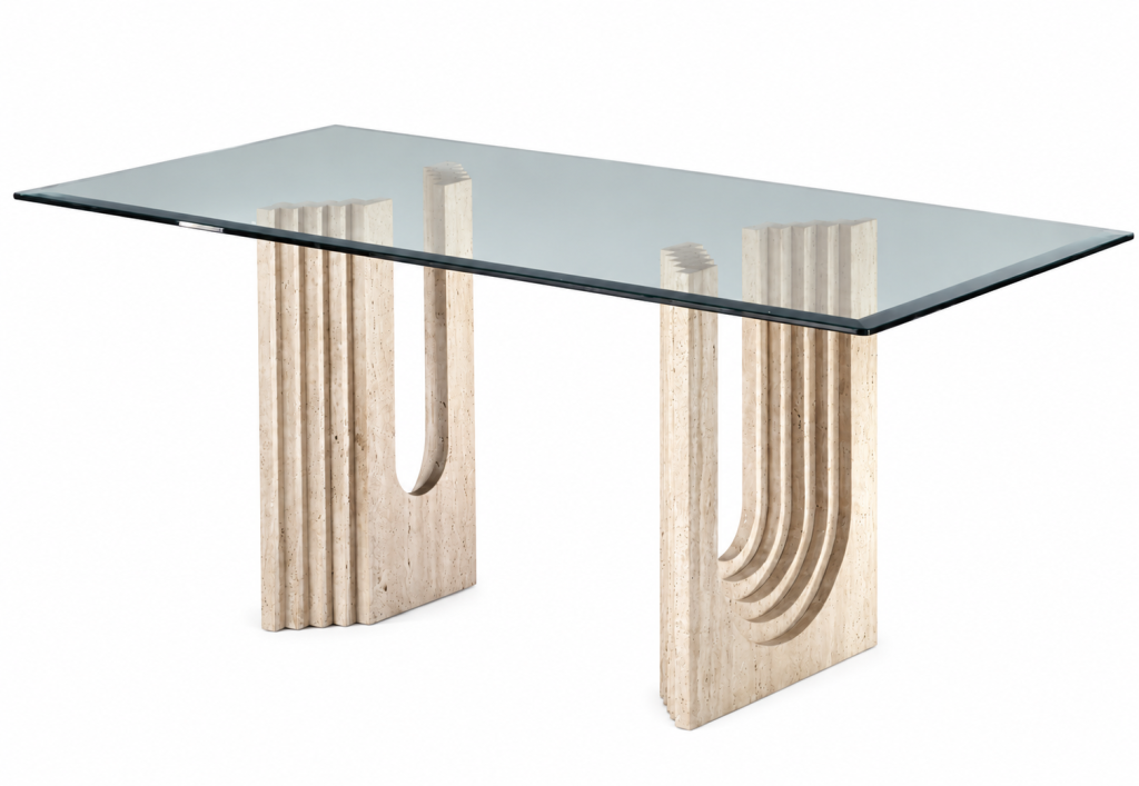 Mesa de comedor de vidrio y travertino romano Italia