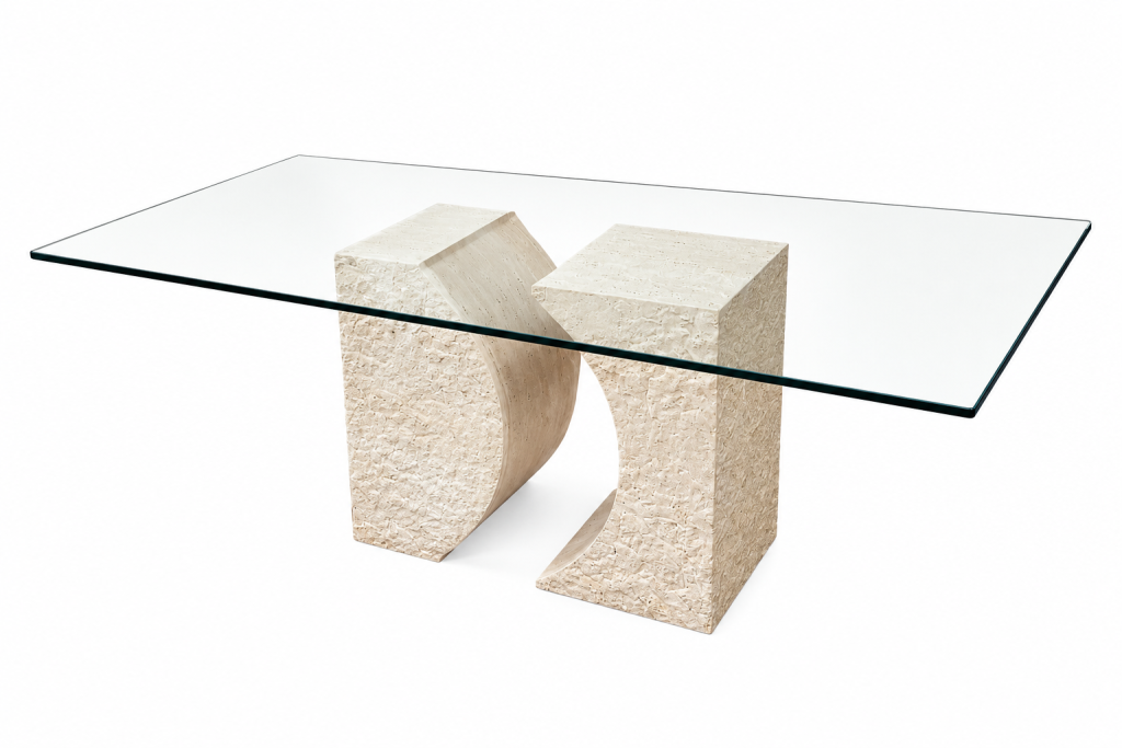 Mesa de comedor de vidrio y travertino costero