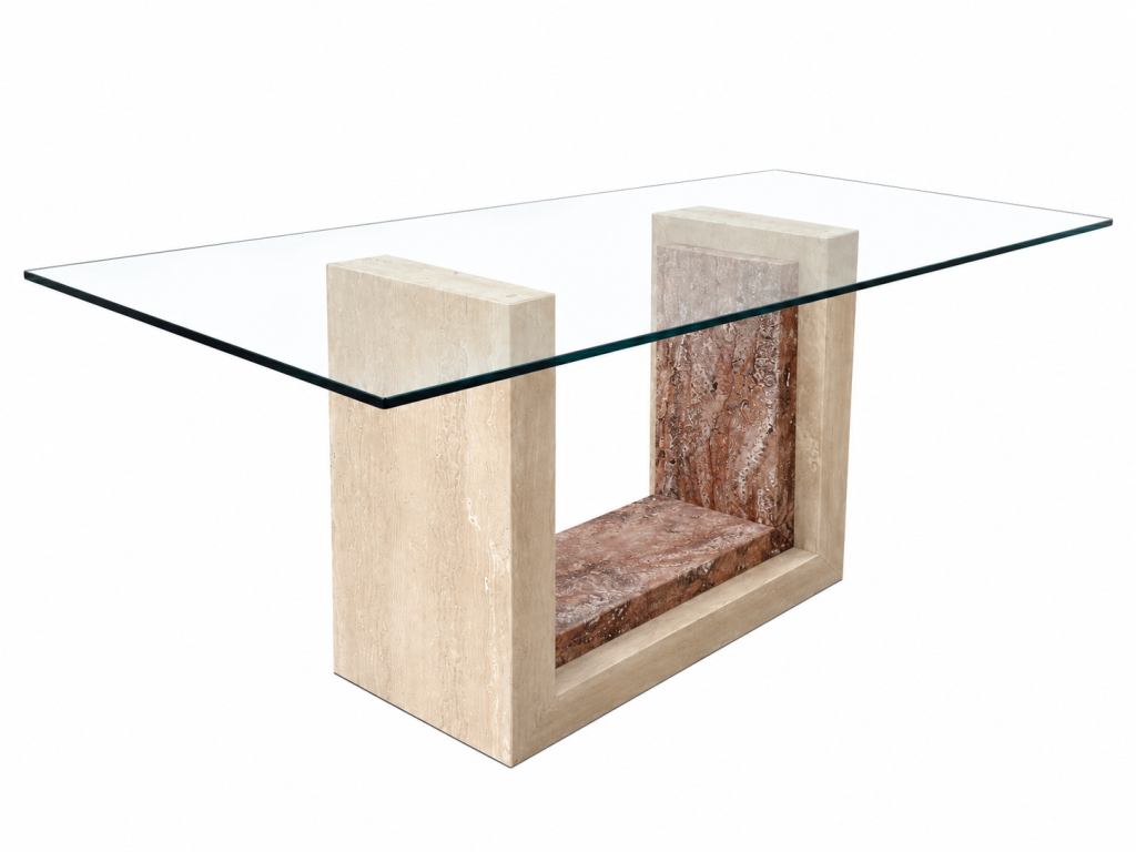 Mesa de cristal con base de travertino crema y travertino rojo