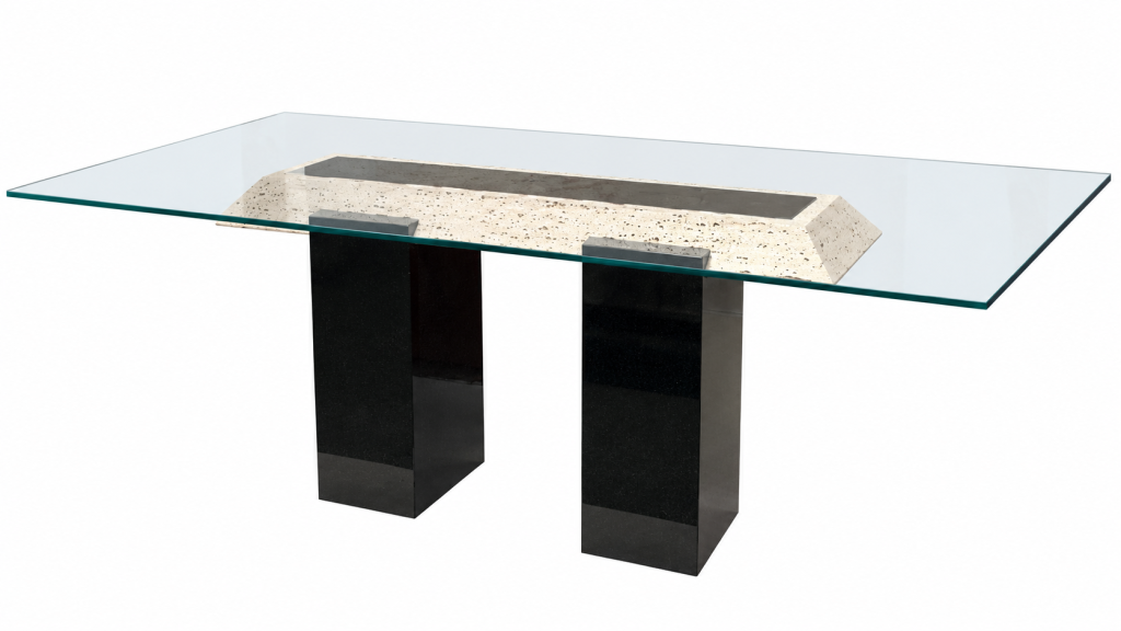 Mesa de cristal con base de travertino y piedra negra