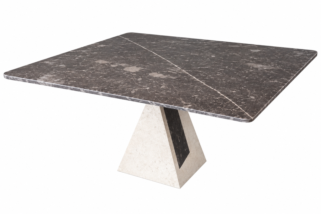 Mesa de mármol gris con pedestal geométrico