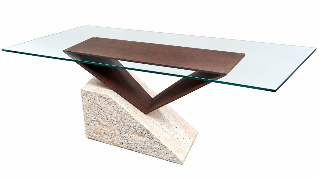 Mesa de vidrio con base geométrica de acero y piedra
