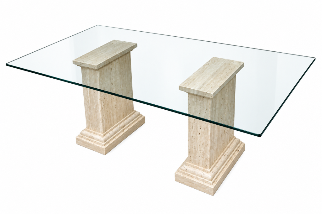 mesa comedor mármol travertino columnas romanas y cristal