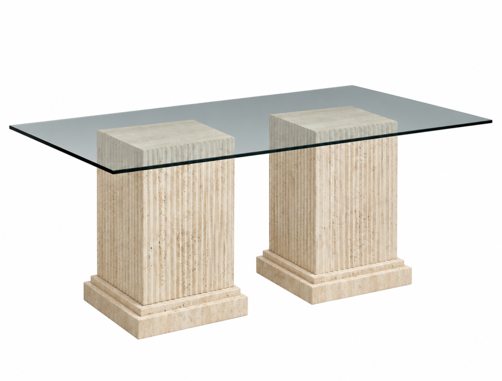 Mesa de vidrio con pedestales acanalados columnas mármol travertino romano italia