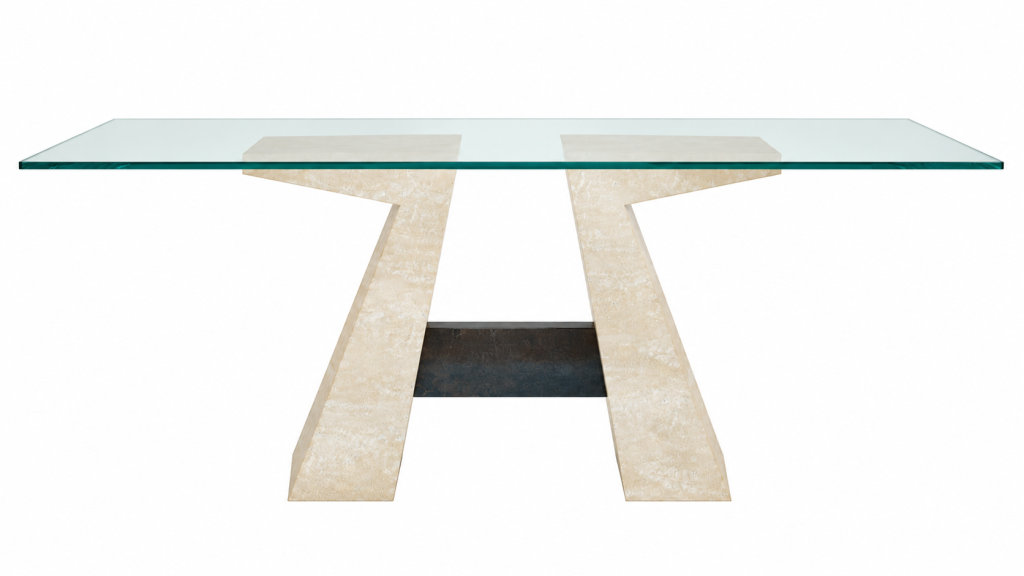 Mesa geométrica de mármol crema y cristal