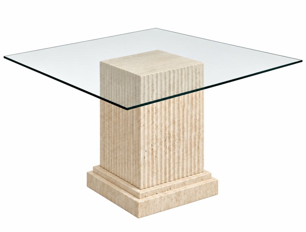 Mesa pedestal de vidrio y travertino columna mármol